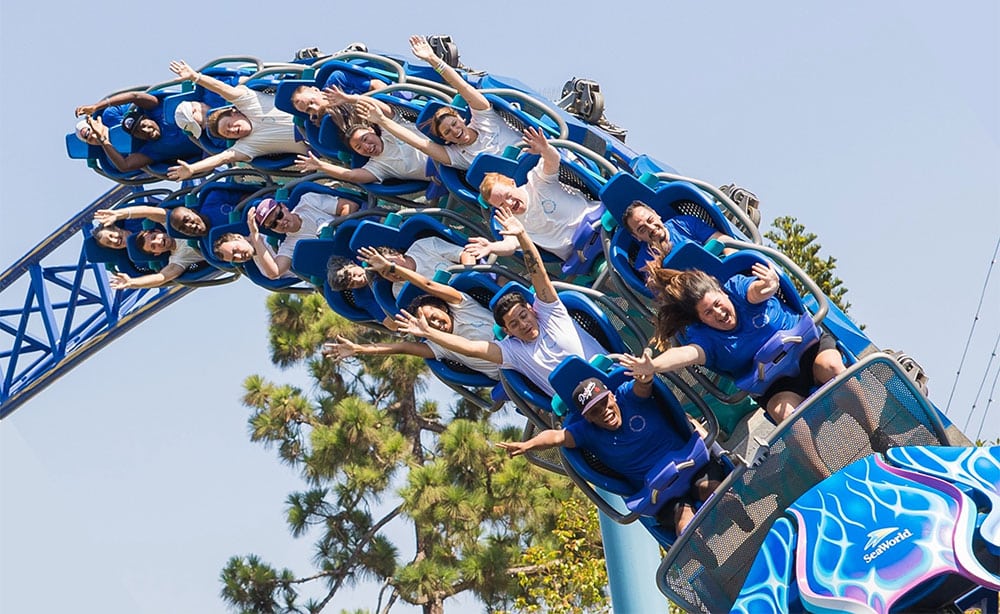ICAN clients and staff on a rollercoaster at SeaWorld.